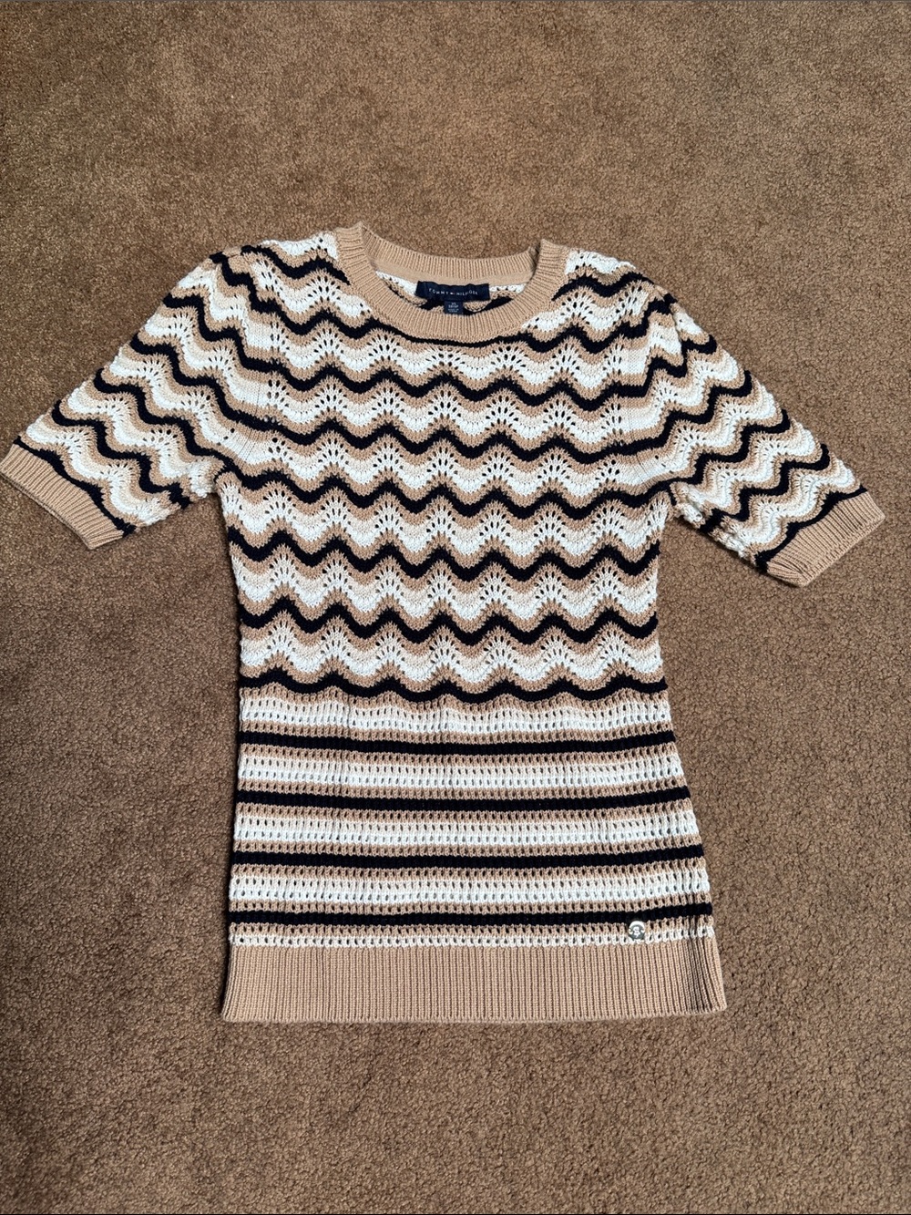Tommy Hilfiger Beige Black White Crochet Wave-Stripe Short Sleeve Sweater